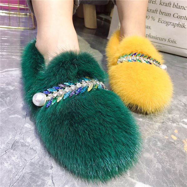 

2020 new women flats winter warm fur shoes outside loafers espadrilles rhinestone decor walking flat shoes woman, Black