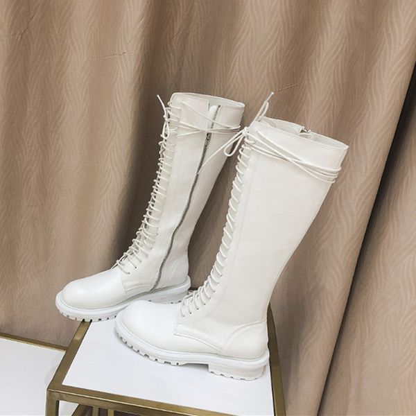 

winter leather high boots for women 2020 side zipper mid-calf shoes woman new lace up botas mujer low heel platform knight boots, Black