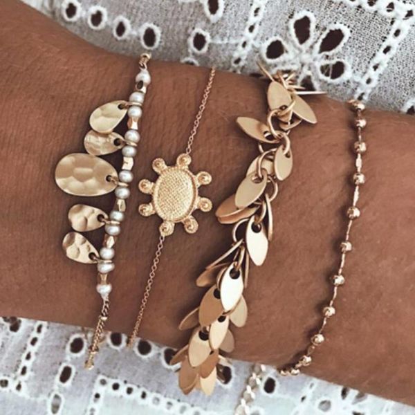 

creative alloy rice bead leaf turtle bracelet bracelet set of 4 fjsl, Golden;silver