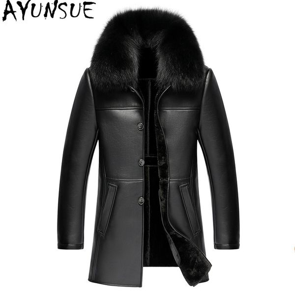 

ayunsue 2020 winter leather jacket men fur collar faux leather coat warm fur jackets for men chaquetas hombre a-113, Black