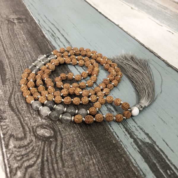 

hand knotted tassel necklace for meditation healing stone jewelry 108 rudraksha beaded yoga neckalces with tassel, Silver