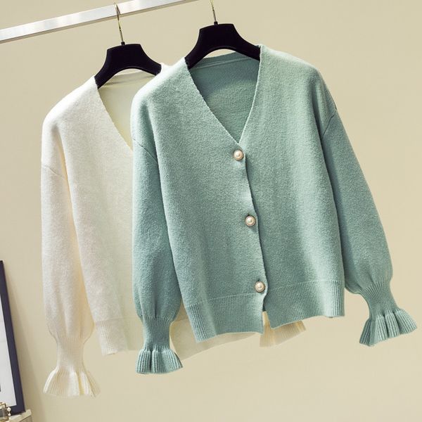 

fashion pure cardigan women casual cashmere sweater autumn winter v-neck sweaters solid woman ruffle sleeve knit button coat, White
