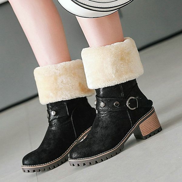 

warm fur snow boots ankle boots for women fashion rivet block high heel winter women retro brown black green half