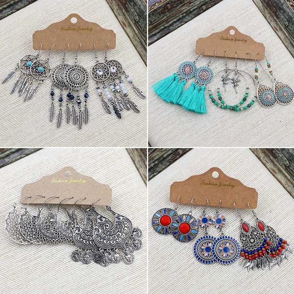 

women's vintage sliver color alloy tassel big round water drop dangle earrings set 3pairs boho ethnic dream catcher earring gift, Silver