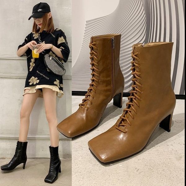 

women shoes boots ladies mid calf winter plush fur warm boots female lace-up zipper high heel casual middle tube booties, Black