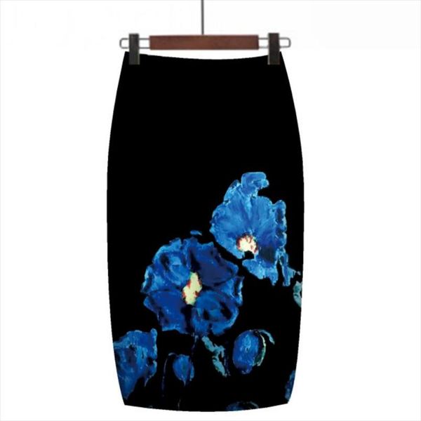 

summer autumn skirt blue flower print women pencil skirts lady midi saias female black faldas girls slim bottoms s