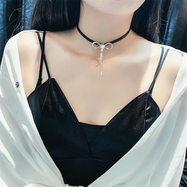 

crley women lady necklace choker pendientes crystal pearl bowknot pendant choker exquisite necklace sweater chain oorbellen, Silver