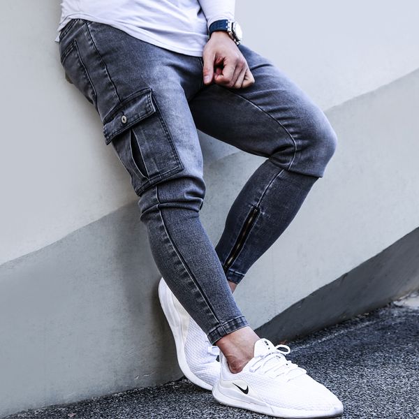 

pockets skinny fashion mens jeans dark gray ankle-length jean zipper pencil pants for muscle men, Blue