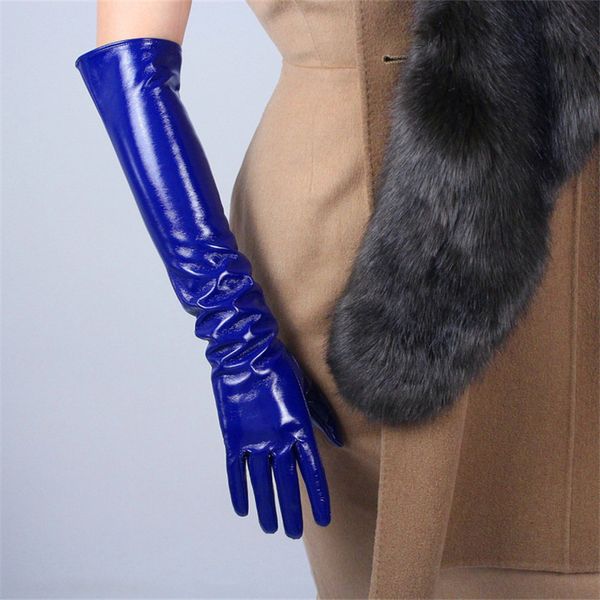 

2020 patent leather long gloves 50cm long section emulation leather pu mirror bright royal blue dark blue female pu30, Blue;gray