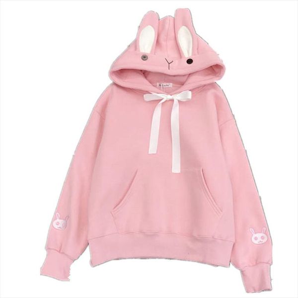 

harajuku rabbit ears hooded women fleece sweatshirt casual loose long sleeve hoodies sweatshirt female autumn warm pullover, Black