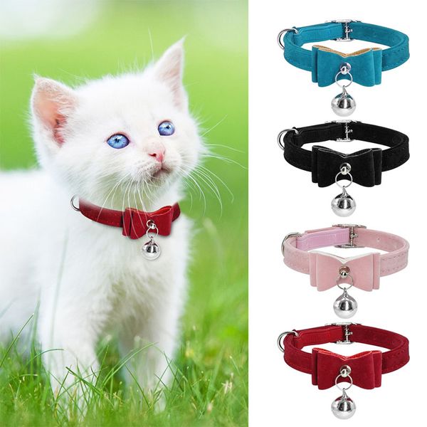 

pet dog cat collar elastic bowtie with bell soft velvet 6 colors pet products dog collars puppy kitten cat necklace supplies