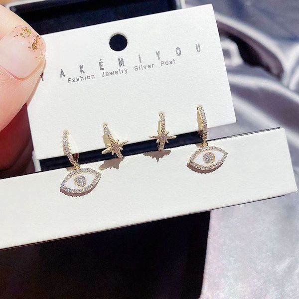 

migga 2 pairs white evil eye dangle earrings gold color cubic zirconia star earrings pack women jewelry, Silver