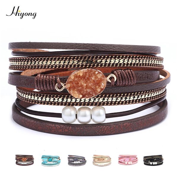 

tennis boho multi-layer leather bracelet for women handmade braided pearl rhinestone wrap magnetic buckle bangle jewelry girls, Golden;silver