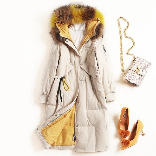 

eureka] white duck down down jacket for women in 2020 winter hooded raccoon dog fur long thick coat mfy7918, Black
