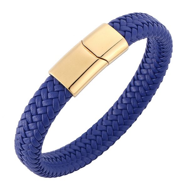

men blue braided leather rope handmade bracelet golden magnetic buckle bangles stainless steel wristband c0231, Golden;silver