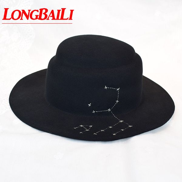 

stingy brim hats longbaili winter wide dressy plain flat wool felt fedora for women, Blue;gray
