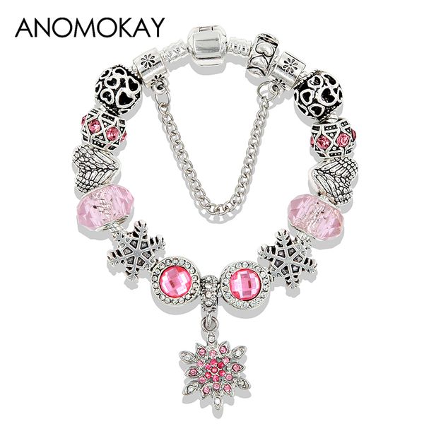 

charm bracelets design blue pink snowflake crystal bracelet silver color bead & bangle for women child girlfriend gift, Golden;silver