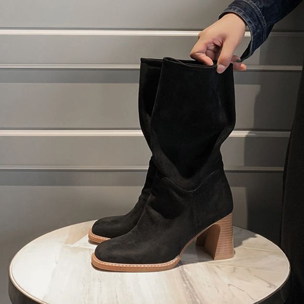 

arden furtado fashion women's shoes spring autumn pointed toe chunky heels elegant ladies boots pleated half boots size 40, Black