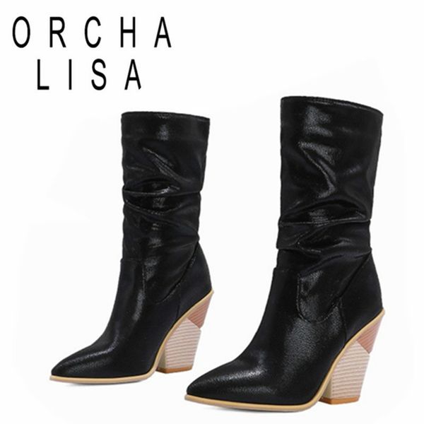 

orcha lisa woman new autumn spring mid-calf boots pointed toe 10cm wedge super high heels pu slip-on size 34-48 casual c1958, Black