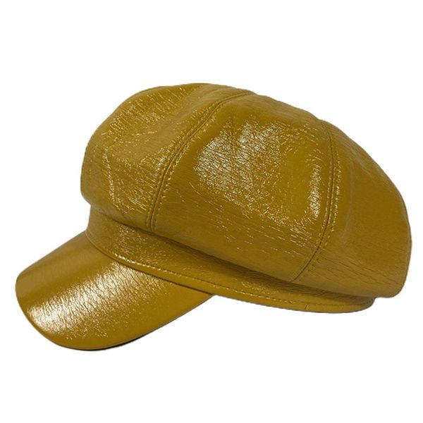 

women vintage faux patent leather beret cap solid color painter octagonal hat, Blue;gray