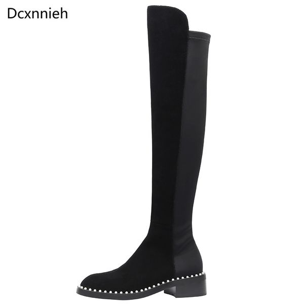 

boots winter genuine leather motorcycle women night long casual flat shoes woman british style knee high, Black