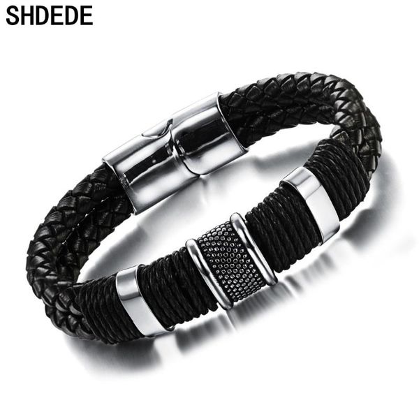 

shdede leather stainless steel charm bracelets for men vintage fashion jewelry party retro punk accessories gift +ob891, Golden;silver
