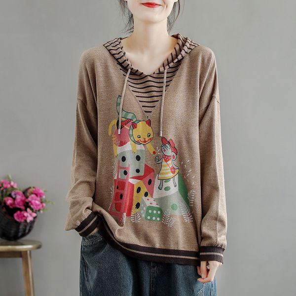 

women's sweaters pretty cute cat with mouse printing women sweater hooded drawstring long sleeve pullovers knitted striped pull femme, White;black