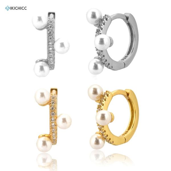 

hoop & huggie kikichicc 925 sterling silver 8.2mm pearl huggies rock punk hoops 2021 luxury clear zircon cz fashion jewelry, Golden;silver