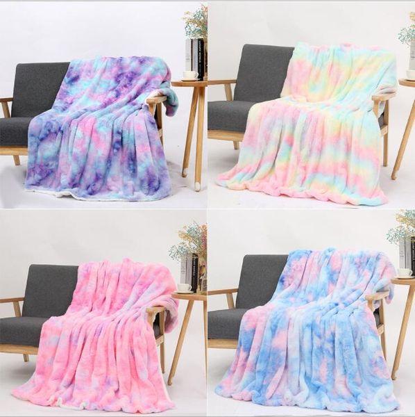 

Tie-dye Flannel Blankets Kids Adults Square Quilt Plush Rainbow Double Thickening Blanket Winter Couch Warm Throw Accessories