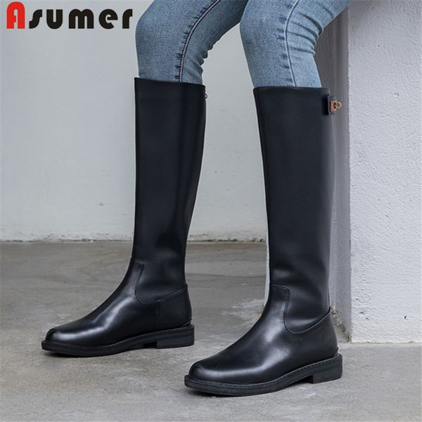 

asumer fashion pu+cow leather boots women med heels zip knee high boots elegant ladies autumn winte riding 2020 new, Black