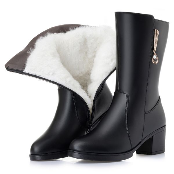 

new genuine leather wool boots women boots thick heel non-slip plus velvet warm winter snow shoes plus size, Black