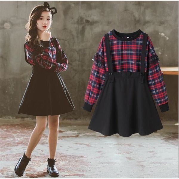 

girls clothing set autumn girl lace plaid t shirt+dress 2pcs sets girls fall suits kids clothes children clothes outfits8 10 12t 0927, White