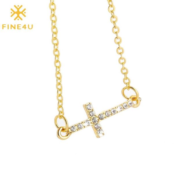 

fine4u n619 dainty cubic zirconia cross crucifix pendant necklace simple cross necklace for women girls, Silver