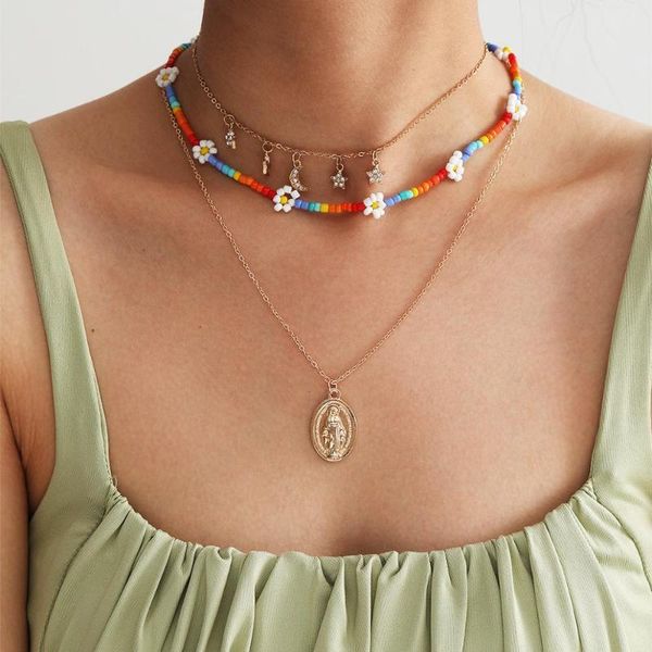

wholesale price seed beads choker necklaces for women gold chain multi layer pendant necklace crystal collar jewelry, Golden;silver
