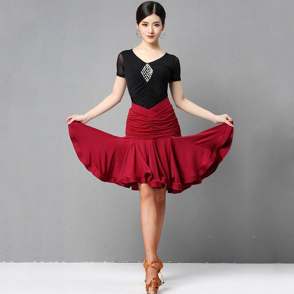 

stage wear 2021 latin dance practice clothes female summer short sleeve mesh fishbone skirt samba outfit rumba costumes, Black;red