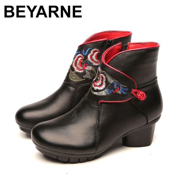 

beyarnes folk style shoes mar ankle booties genuine leather vintage mom women's handmade retro embroidery shoes for women, Black