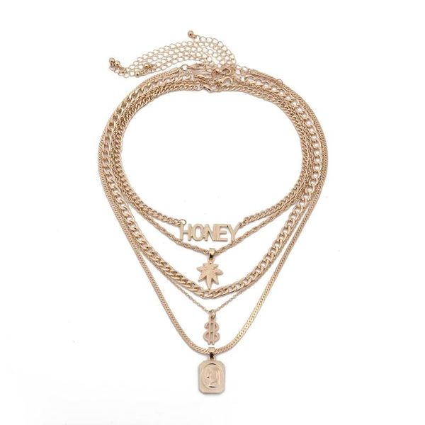 

2020 5pcs/set vintage dollar leaves letter virgin mary coin 4pendant necklace retro multi layered mteal chain choker necklace, Silver