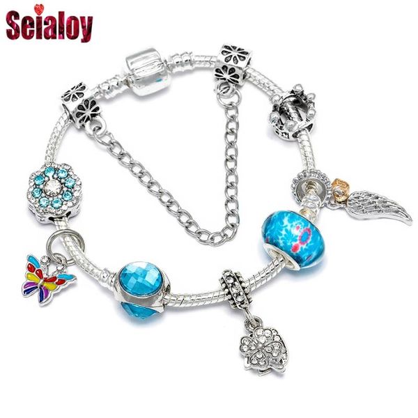 

charm bracelets seialoy fashion blue crystal beaded butterfly for men boys original lucky 40 pendant bracelet jewelry, Golden;silver