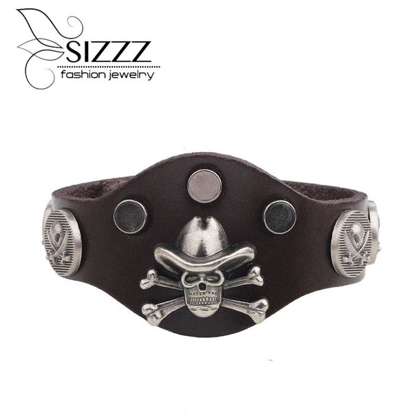 

charm bracelets fashion wide cool rock men genuine leather soft wrap skull bracelet jewelry, Golden;silver