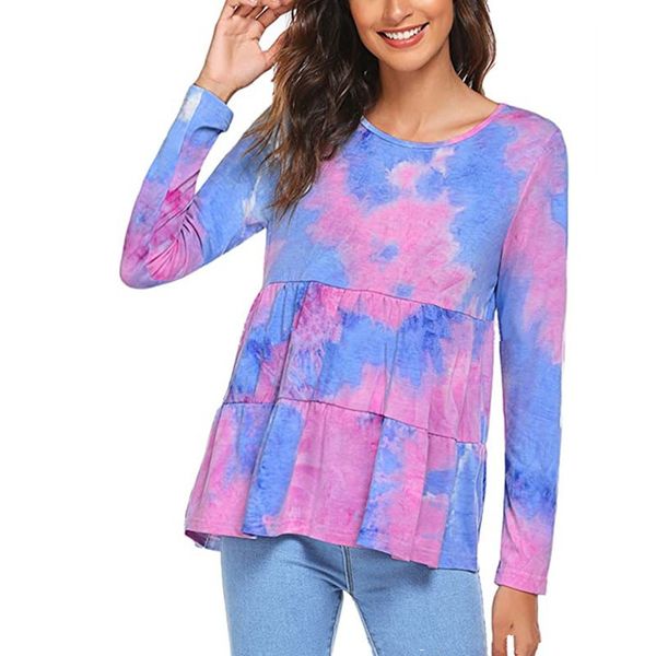 

sweet women ruched loose t-shirt long sleeve autumn new tie dye print t shirts casual o-neck large size 2xl women clothes 2020, White