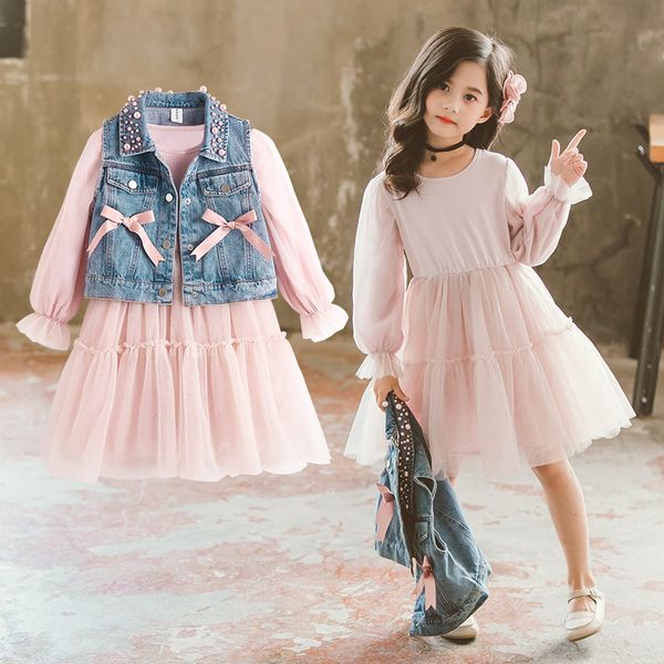 

girls clothes suit fashion pearl neck denim vest + mesh dress 2pcs girl set clothes teenage children clothing 4 5 6 8 10 12 year, White