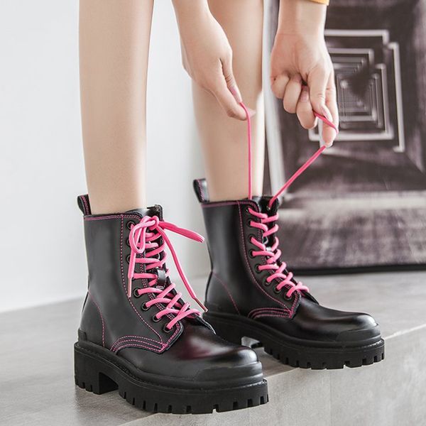 

black punk platform boots women waterproof pu leather ankle boots for woman thick bottom pink lace up botas mujer 2020