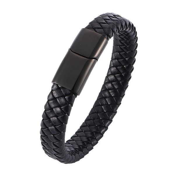 

men jewelry classic black braided leather bracelet men stainless steel magnetic clasp male wrist band fashion man bangles c0025, Golden;silver