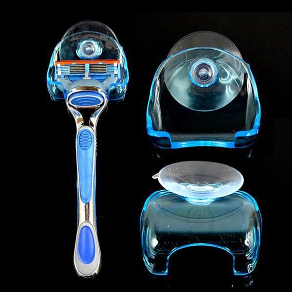 

1 pcs razor storage new practical transparent blue plastic razor frame with suction cup storage rack bathroom accessories