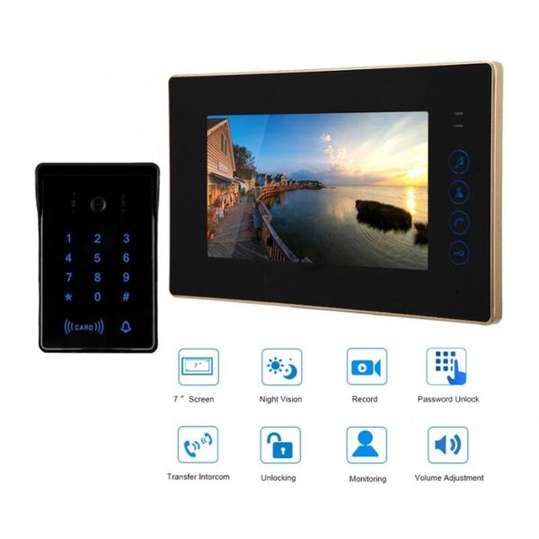 

7" wired touch keypad card remote control video door phone doorbell with electric lock
