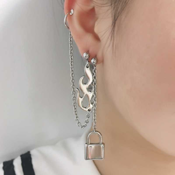 

punk rock hip hop earrings harajuku girl flame and lock earrings women streetwear gothic hipster jewelry, Golden;silver