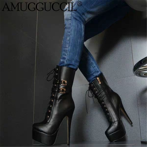 

2020 new plus big size 35-52 black lace up buckle zip fashion high heel platform females lady mid calf women boots x1928