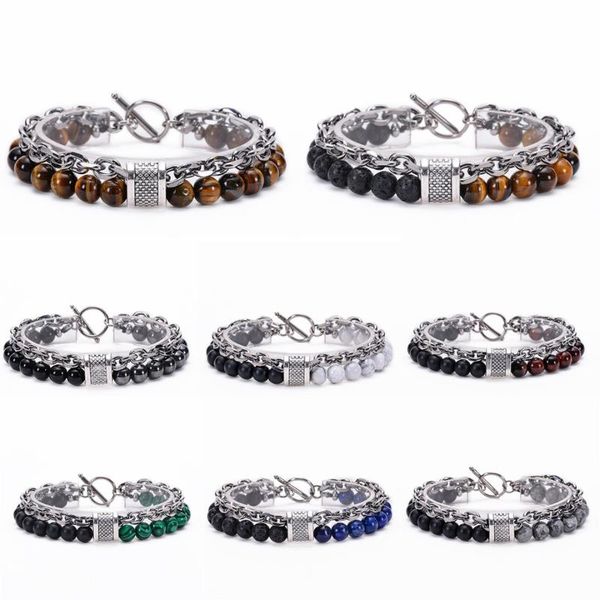 

unique natural stone bracelet trendy colorful beaded bracelet metal chain steel buckle men fashion jewelry accessories, Black
