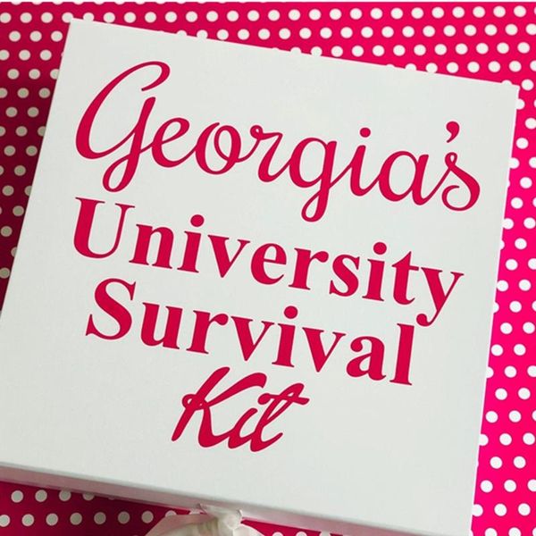 

gift wrap personalised university survival kit white ribbon box, keepsake present special occasion, friend, memories