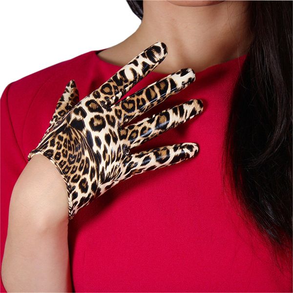 

leopard leather gloves 21cm patent leather short section emulation pu bright brown leopard animal female pu24, Blue;gray